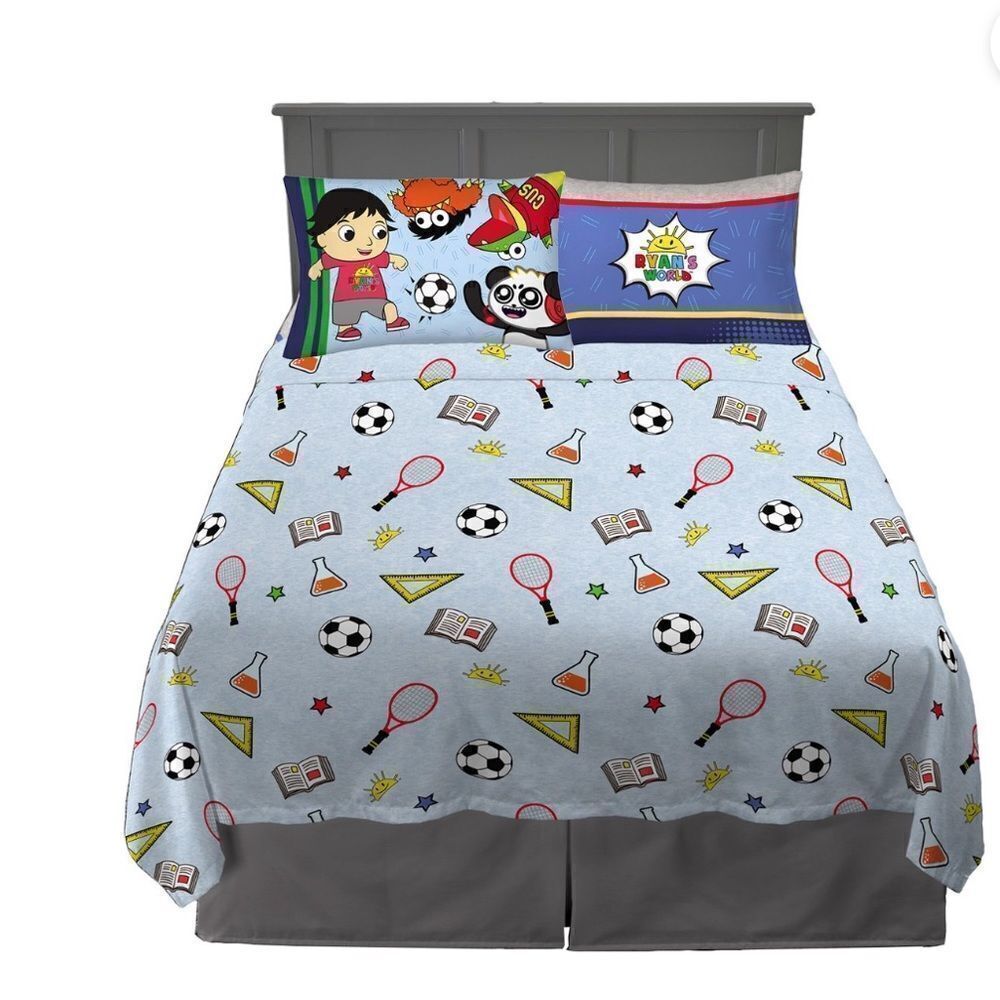 Ryan's World Kids Full Sheet Set, Blue and Gray 4 piece set